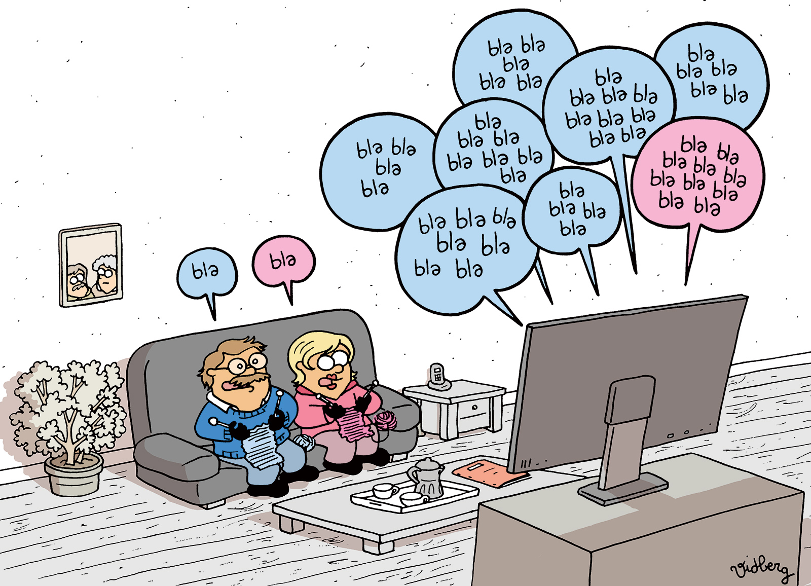 Illustration d'un couple femme/homme assis sur un canapé devant une télé. Des bulles de texte colorées sortent de la télé, essentiellement bleues, parfois roses, pour souligner les disparités.