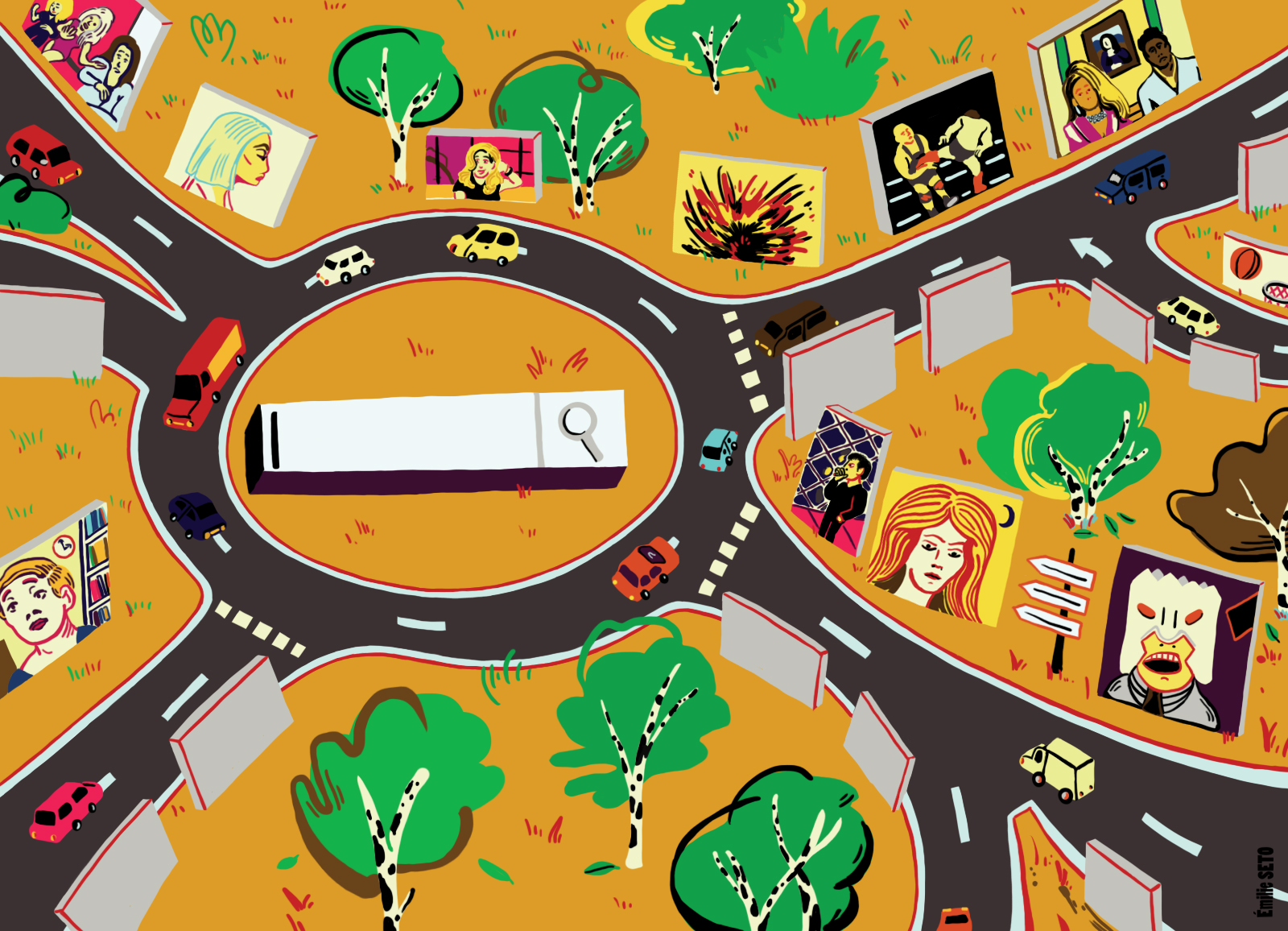 Illustration montrant une route avec un rond point et des écrans