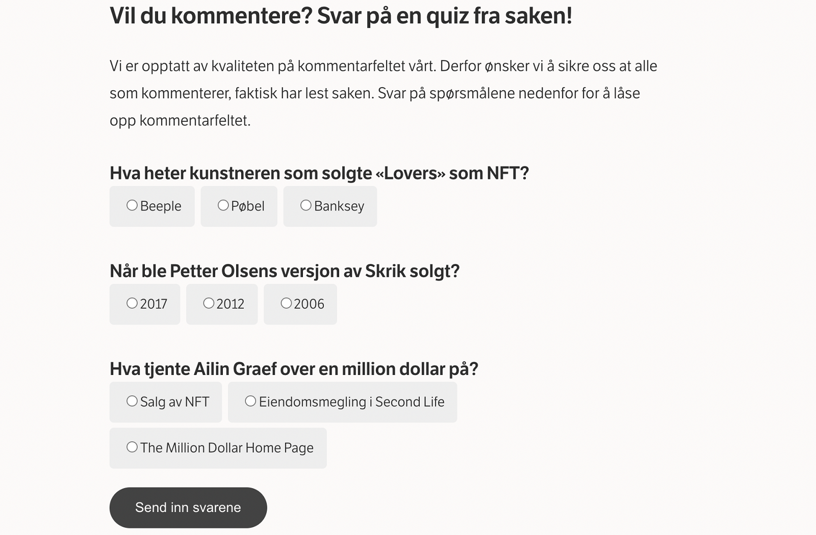 Le quiz qui donne accès à la section commentaires du site NRKbeta.