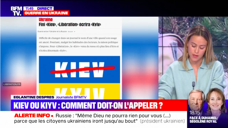 BFM TV explique à son public pourquoi la capitale ukrainienne est appelée Kiev ou Kyiv.