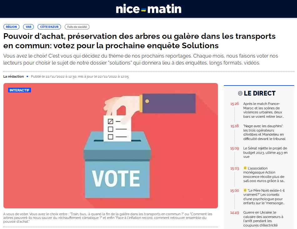 Appel au vote sur les sujets à venir, publié sur le site de Nice-Matin le 22 novembre 2022 (capture d'écran).