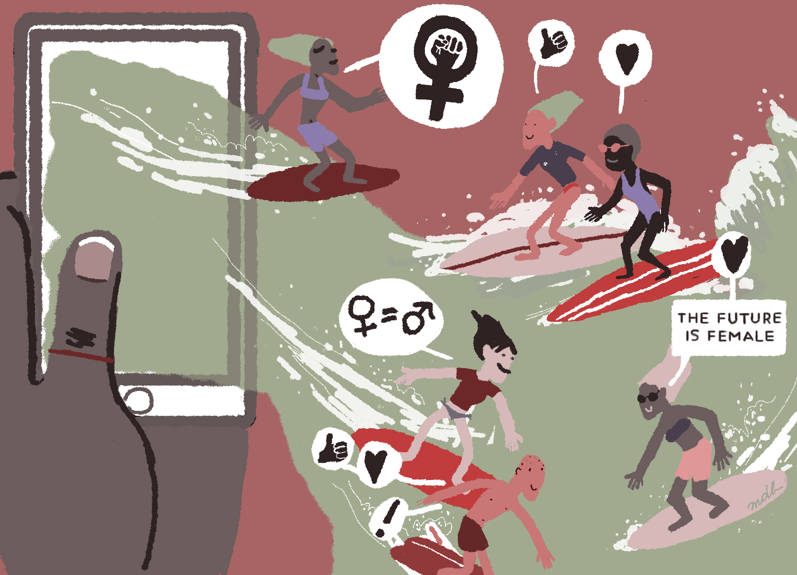Illustration montrant des femmes surfant sur une vague sortie d'un téléphone