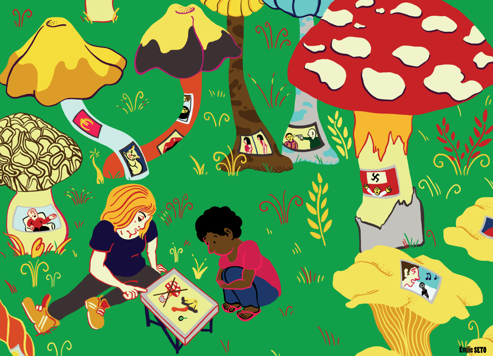 Illustration montrant des enfants regardant un ouvrage sur les champignons, métaphore des écrans