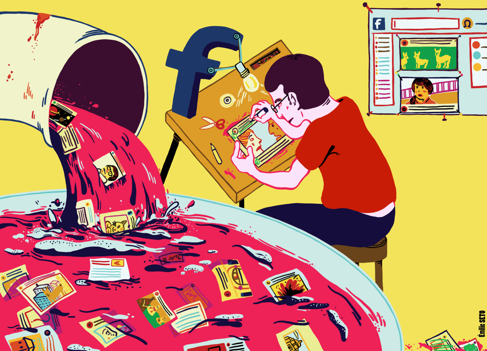 Illustration représentant un éditeur recevant un flot de contenu et faisant le tri avec une lampe Facebook