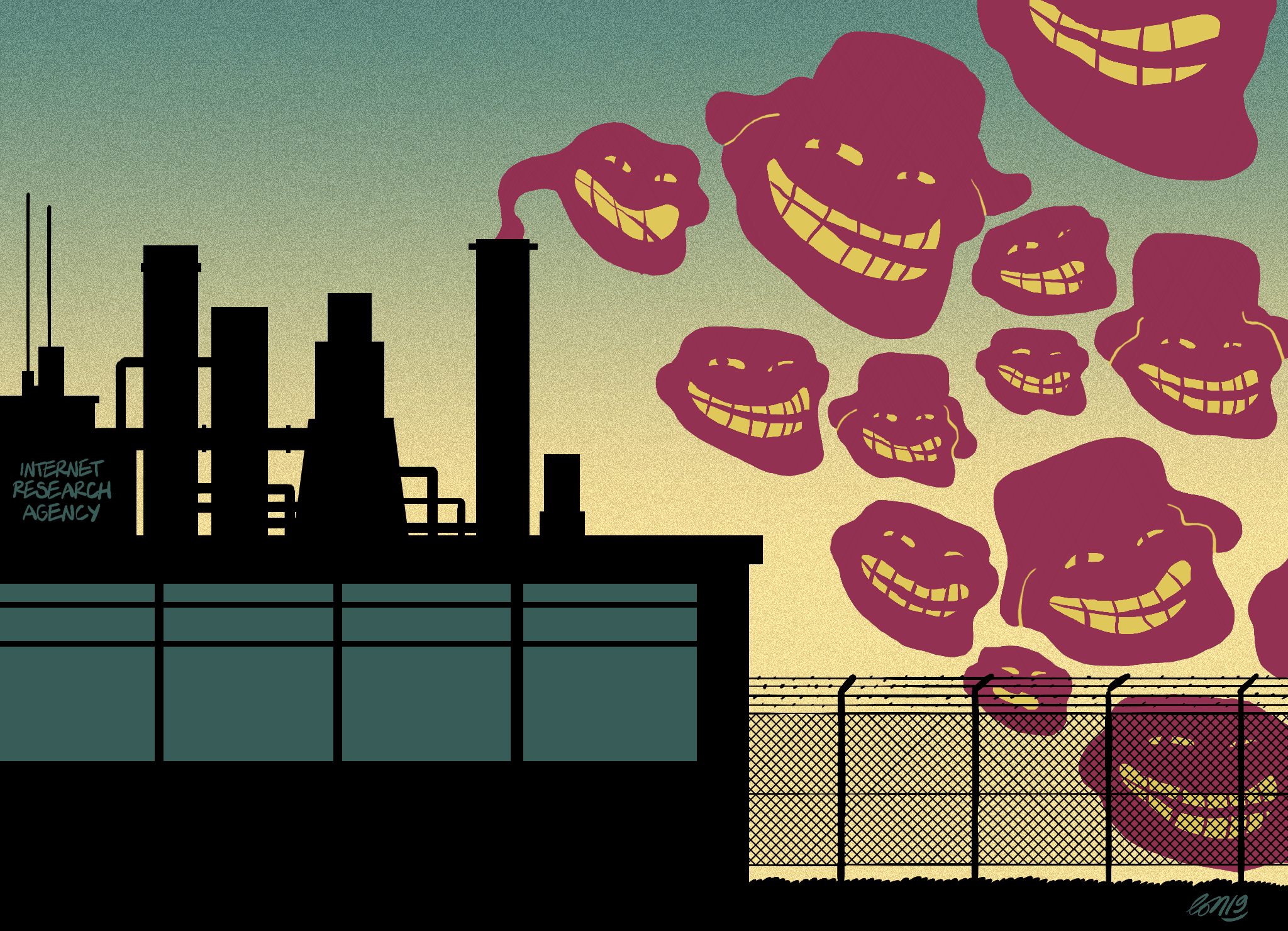 Illustration d'une usine d'où sortent des visages moqueurs sous forme de fumée