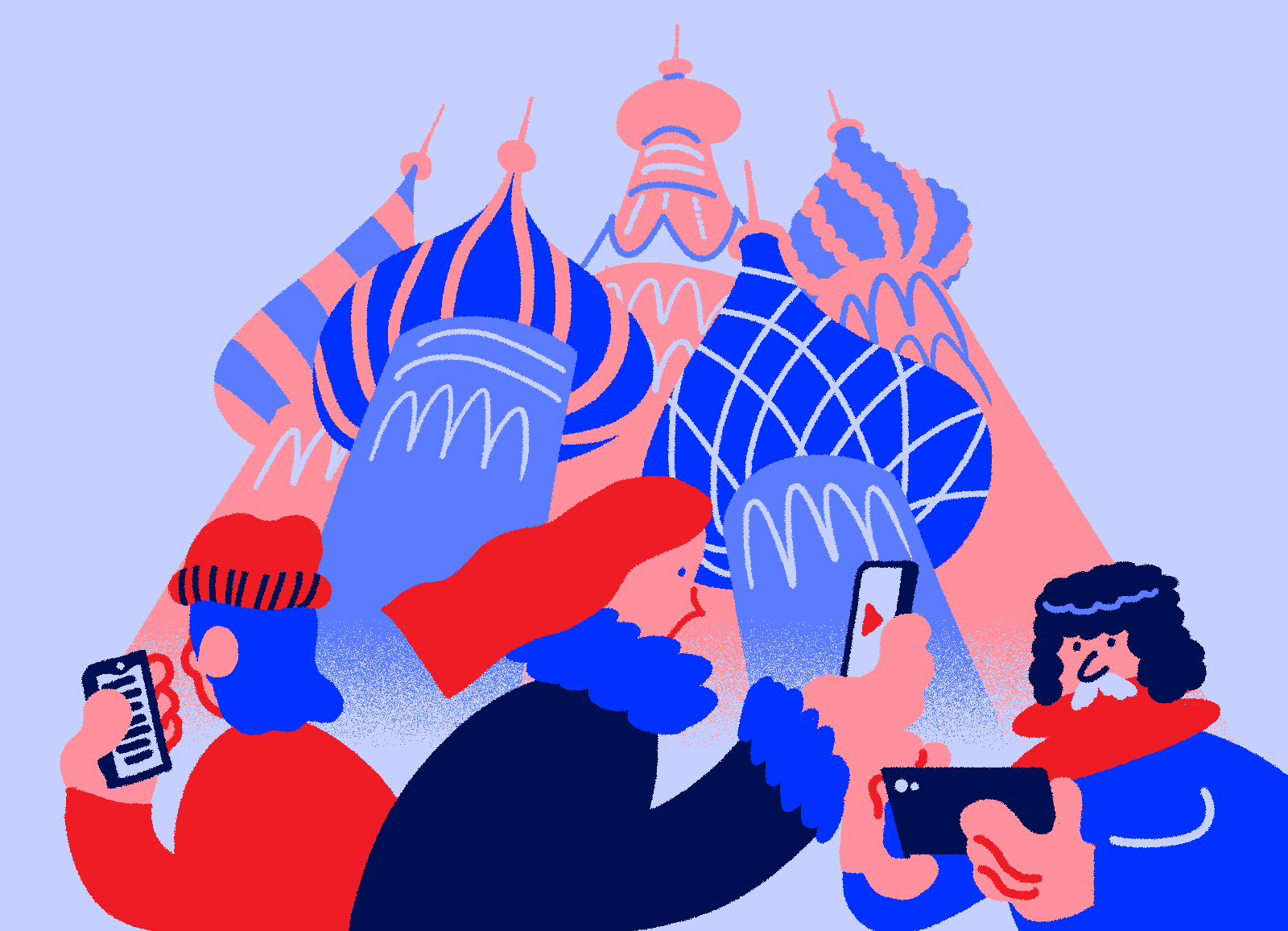 Illustration avec le Kremlin surplombant des personnes devant leur smartphone