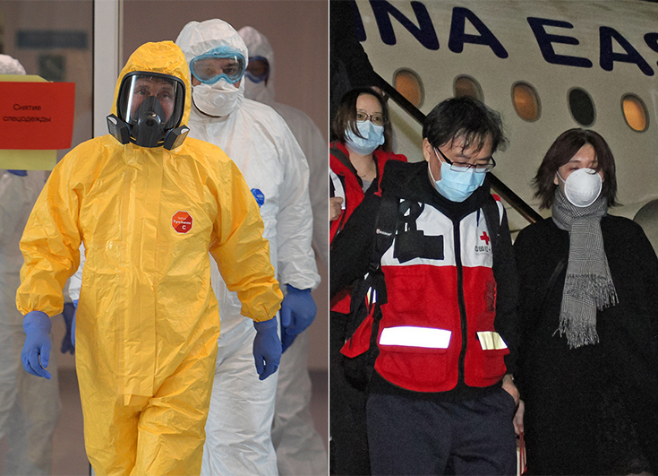 Montage de deux photographies : à gauche, Vladimir Poutine en costume de protection sortant d'une visite à l'hôpital en période de confinement suite à l'épidémie de Covid-19, à droite, des médecins chinois débarquent d'un avion en Italie où ils ont été envoyés en soutient. 