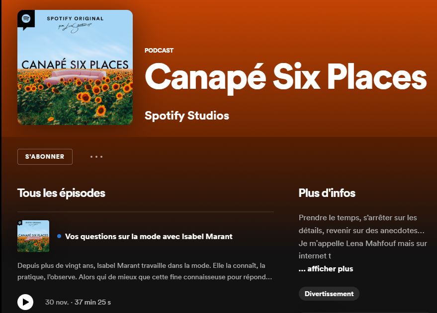 « Canapé six places » se hisse en tête des podcast les plus écoutés sur Spotify (capture d'écran).