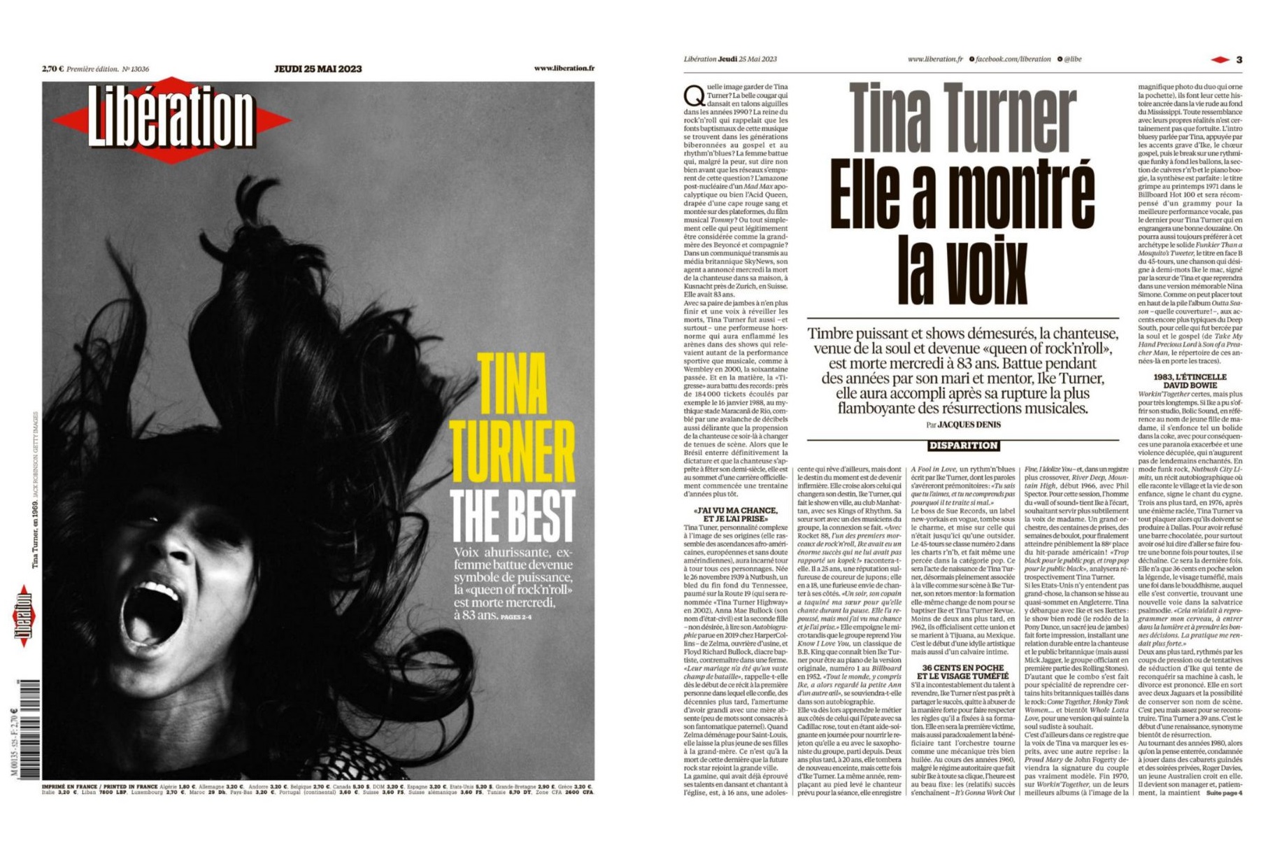 Une de Libération du 25 mai 2023, le lendemain de l'annonce de la mort de Tina Turner.