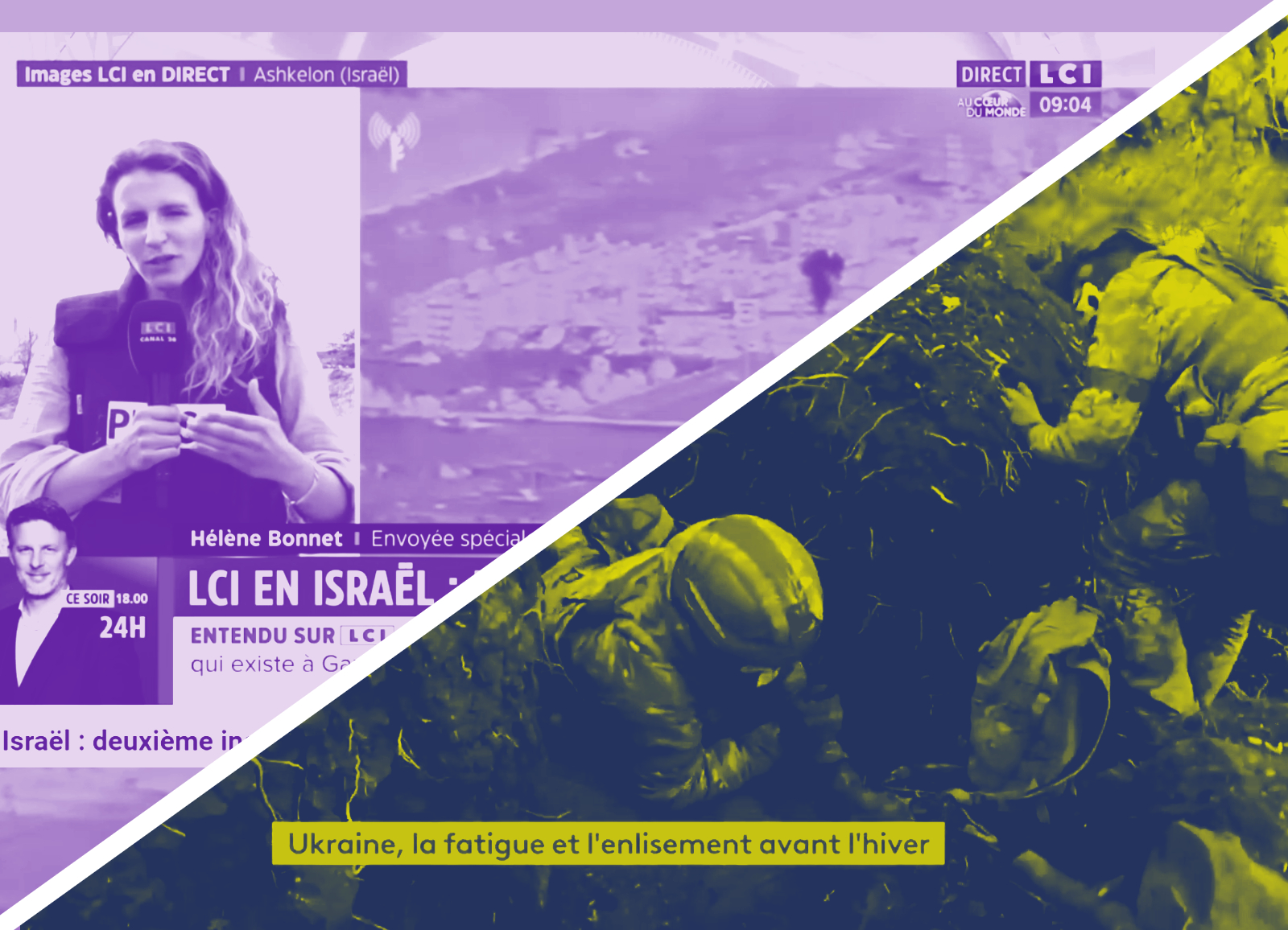 captures d'écran de LCI sur Israël et de France Info sur l'Ukraine
