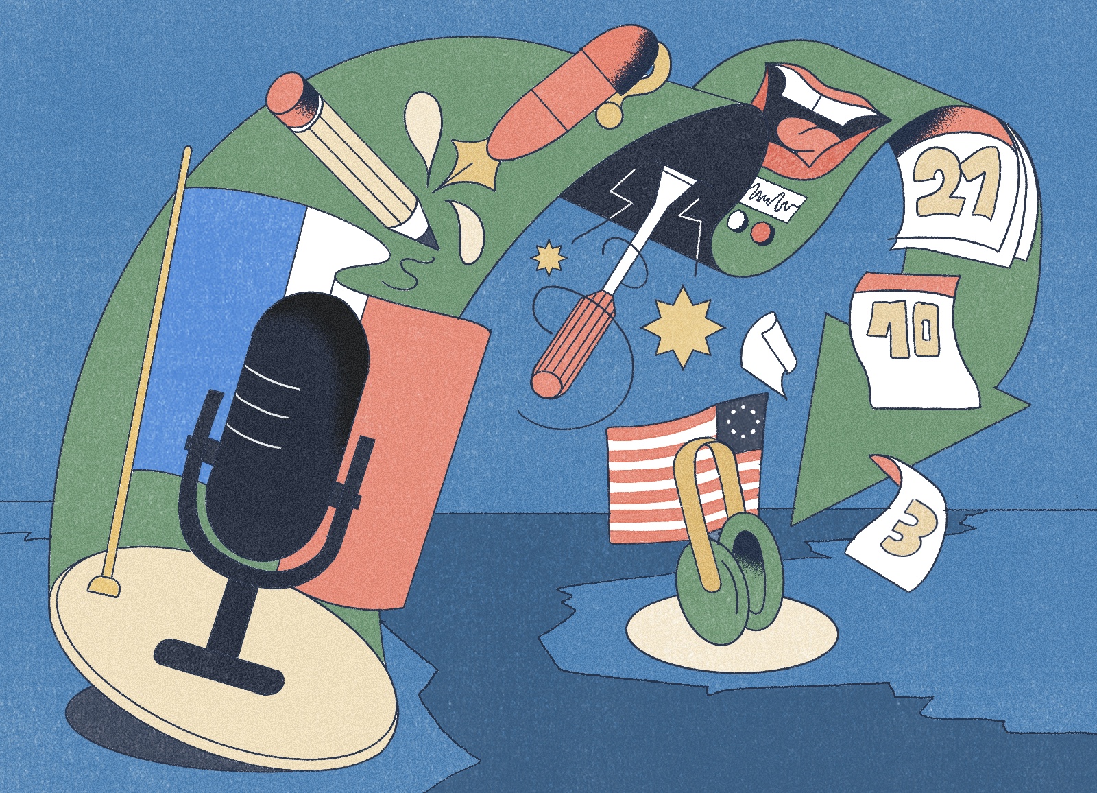 Illustration de Killian Pelletier montrant de façon imagée l'adaptation du podcast français Conf Call pour le public américain, sous le nom de Conference Call